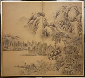 Scène de paysage avec montagnes et lac,
1780s (Paire de paravents à deux panneaux ; encre et légère
couleur sur papier)