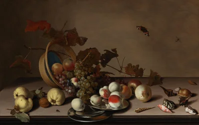 Nature morte de fruits avec panier en osier, moules et papillon, première moitié du 17ème siècle