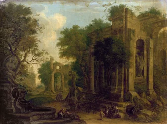 Paysage boisé avec voyageurs se reposant près de ruines classiques