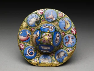 Bol avec couvercle, soucoupe et cuillère avec décoration astrologique, début du 19e siècle