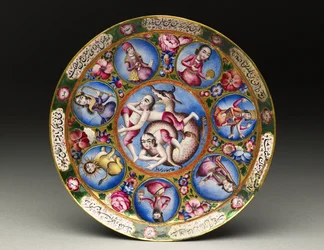 Bol avec couvercle, soucoupe et cuillère avec décoration astrologique, début du 19e siècle