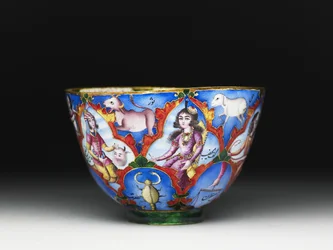 Bol avec couvercle, soucoupe et cuillère avec décoration astrologique, début du 19e siècle