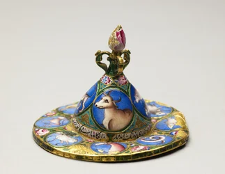 Bol avec couvercle, soucoupe et cuillère avec décoration astrologique, début du 19e siècle