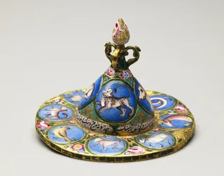 Bol avec couvercle, soucoupe et cuillère avec décoration astrologique, début du 19e siècle
