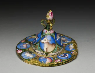 Bol avec couvercle, soucoupe et cuillère avec décoration astrologique, début du 19ème siècle