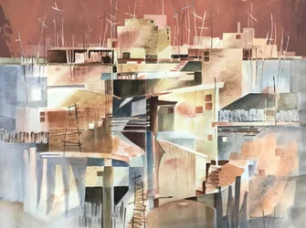 Pueblo abstrait, vers 1980-90 (aquarelle sur papier)