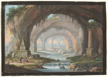 Paysage avec grottes percées, monuments funéraires, une rivière et des figures