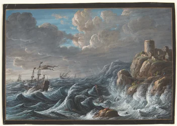 Marine avec une côte rocheuse et des navires en détresse