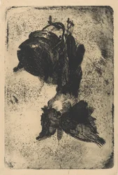 Oiseau mort et bouilloire sur un mur