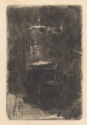 Intérieur avec miroir et table avec livre ouvert