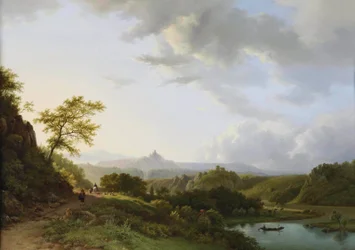 Paysage estival panoramique avec des voyageurs et un château en ruine au loin.