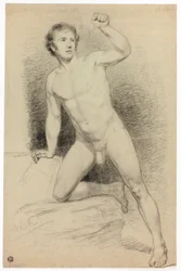 Nu académique masculin appuyé sur une plate-forme