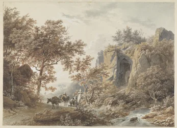 Dans un paysage rocheux, des paysans prient devant une chapelle