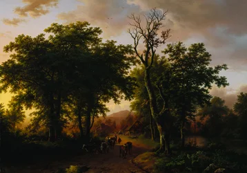 Voyageurs sur un chemin au coucher du soleil