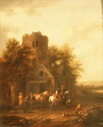 Cavaliers abreuvant leurs chevaux devant une taverne