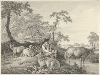Berger avec moutons, une chèvre et un jeune taureau dans un paysage
