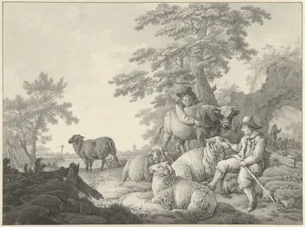 Berger avec moutons et un garçon avec un jeune taureau dans un paysage
