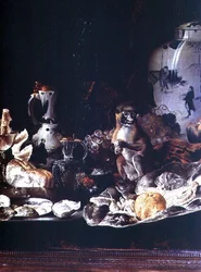 Nature morte exotique avec singe et porcelaine chinoise