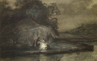 Paysage nocturne avec une rivière et des bergers
