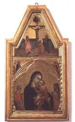 Madone et enfant avec Saint Jean-Baptiste et Sainte Catherine, avec scène de crucifixion au-dessus