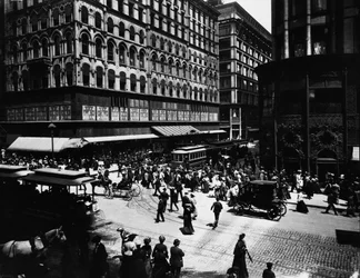 State et Madison Streets, Chicago, Illinois, USA, vers 1905 (photo n/b)