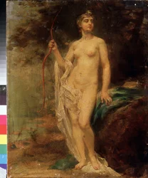 Diane. La déesse nue tient son arc, le visage hautain, près d