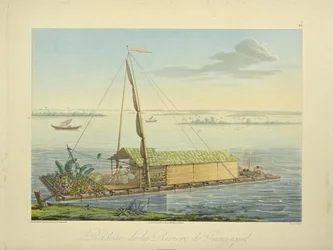 Radeau sur le fleuve Guayaquil, dessiné par Marchais, gravé par Bouquet, illustration tirée de «Vues des Cordillères et Monumens des Peuples Indigènes de l