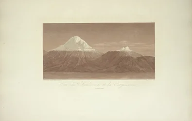 Vue de Chimborazo et Carguairazo, dessinée par Gmelin, gravée par Arnold, illustration de "Vues des Cordillères et Monumens des Peuples Indigènes de l