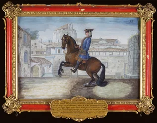 No. 35 Un cheval barbare de la Haute École Espagnole exécutant un mouvement de dressage sur la Place Saint-Marc, Florence