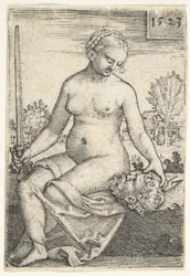 Judith, assise nue avec une épée dans la main droite, regardant la tête d