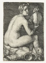 Femme nue assise sur une armure