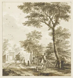 Paysage avec figures et un cheval et une charrette