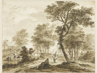 Paysage avec personnages et à gauche un homme dans une barque