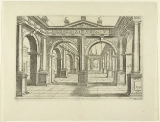 Bâtiment avec double arche au centre de style dorique (Perspective, partie 2)