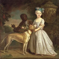 Une jeune fille avec un chien et un page