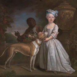 Une jeune fille avec un serviteur esclave et un chien