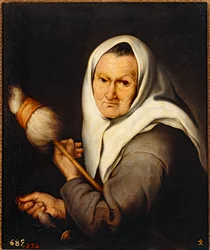 Vieille femme tissant ... (huile sur toile)