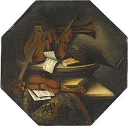 Nature morte avec un luth, un violoncelle, un violon et des partitions de musique sur un rebord de pierre à côté d