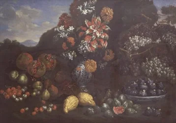 Fleurs dans un pichet en maiolica avec des fruits dans un paysage