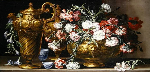 Nature morte avec des œillets dans un vase et une aiguière florentine sur un rebord