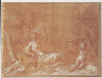 Nymphe allongée dans un jardin avec fontaine, vase et trois cupidons