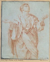 Homme drapé, bras ouverts, yeux levés au ciel, tête inclinée