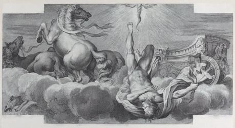 Planche 34 : Auriga, le cocher, tombe du char au centre, avec trois chevaux à l..., 1756. Créateurs : Bartolomeo Crivellari, Gabriel Söderling