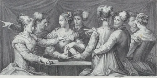 Un groupe de personnes élégamment vêtues jouant aux cartes, 1740-68