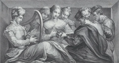 Un groupe de personnes élégamment vêtues jouant de la harpe et de la guitare