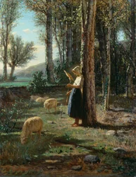 Bergère avec troupeau de moutons
