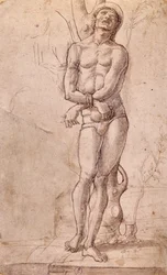Saint Sébastien, vers 1475, dessin de Bartolomeo Montagna (vers 1450-1523), plume et encre brune, avec lavis brun, 20x15 cm, Italie