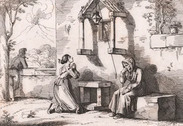 Une fille priant la Madone pour sa mère malade, gravure par Bartolomeo Pinelli