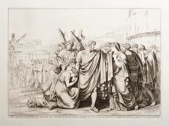 Attilio Regolo, par amour pour sa patrie et en raison du serment donné aux Carthaginois de revenir comme prisonnier, abandonne son épouse avec une constance héroïque, et ses enfants sans espoir de les revoir jamais