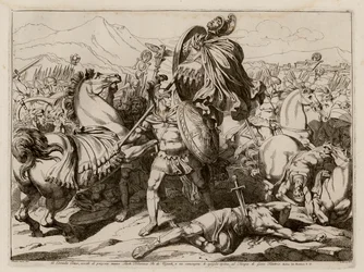 Aulus Cornelius Cossus tuant Lars Tolumnius au combat, 437 av. J.-C. (gravure)
